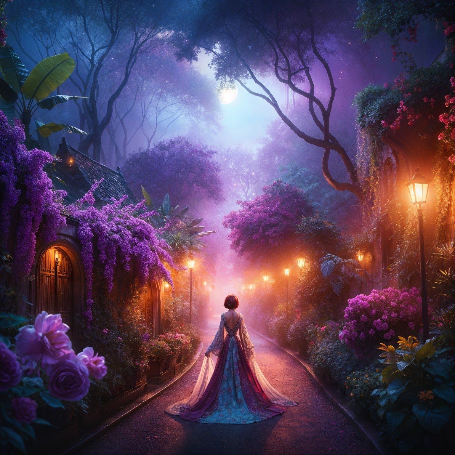 Enchanted pathway with lamplight and vibrant blossoms