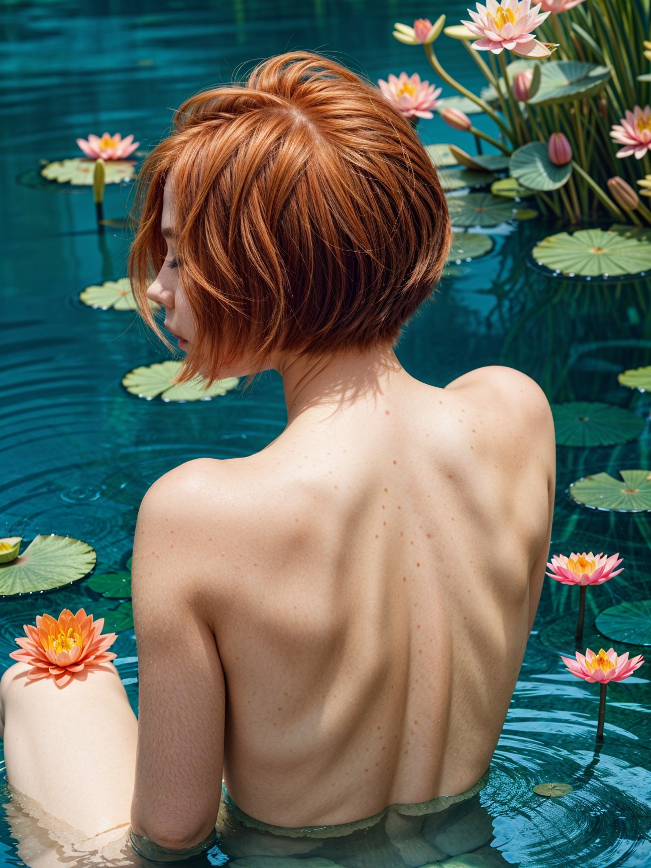 Woman in Lotus Pond Surrounded by Nature's Beauty