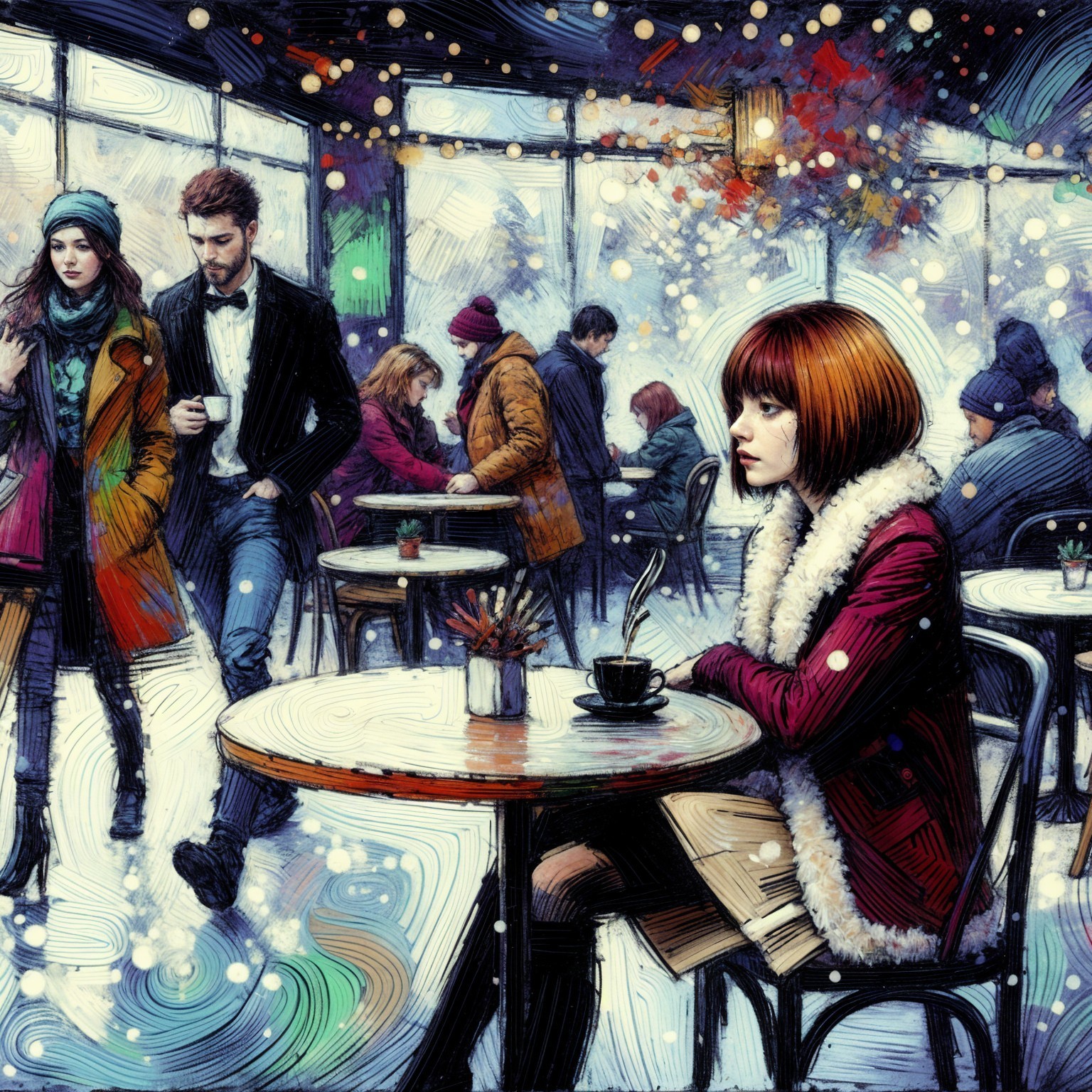 Cozy café scene with a young woman in winter attire