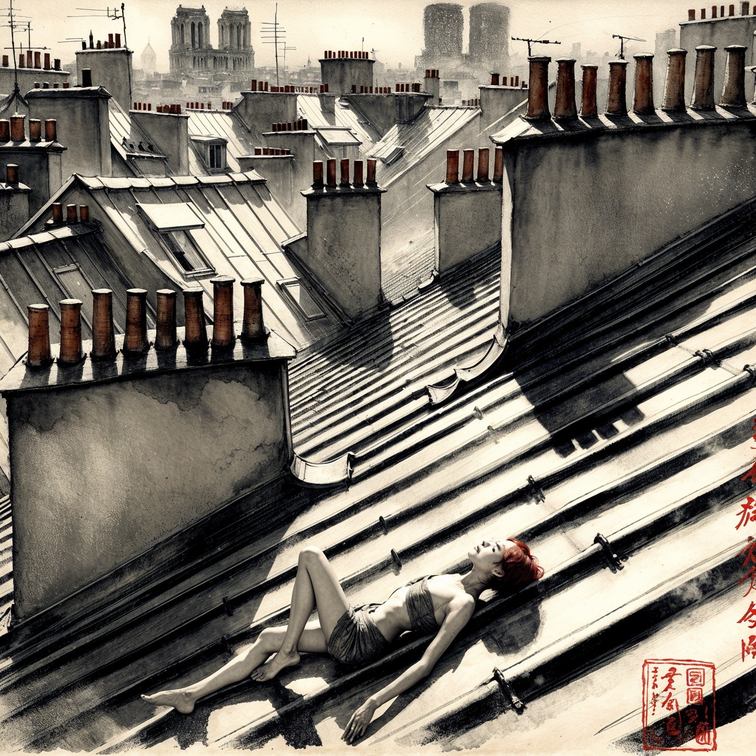 Woman with red hair on rooftop in urban landscape