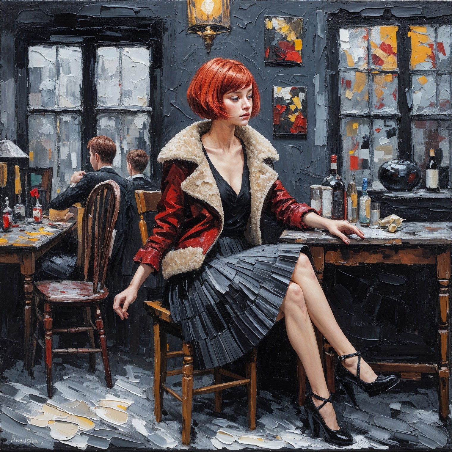 Elegant Woman with Red Hair in Cozy Bar Scene