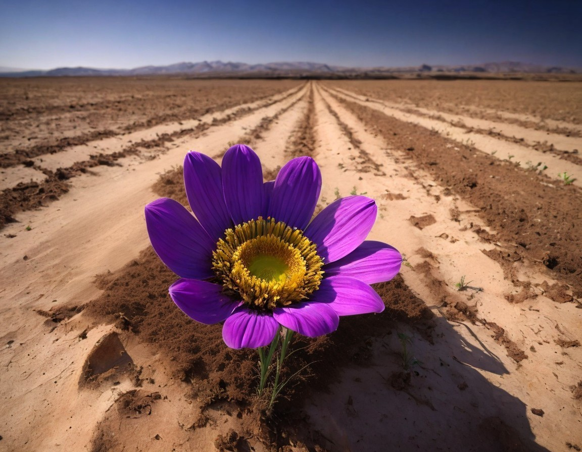 Vibrant Purple Flower in Arid Landscape with Mountains