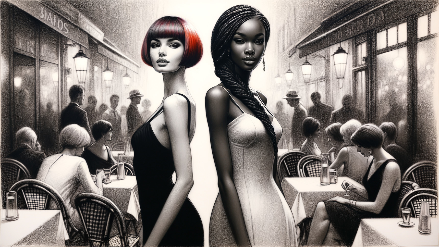Stylish Female Figures in a Café Setting