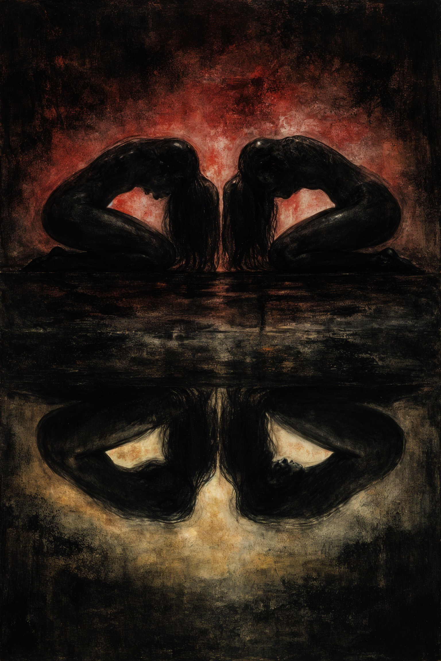 Silhouetted Figures Above Dark Reflective Surface