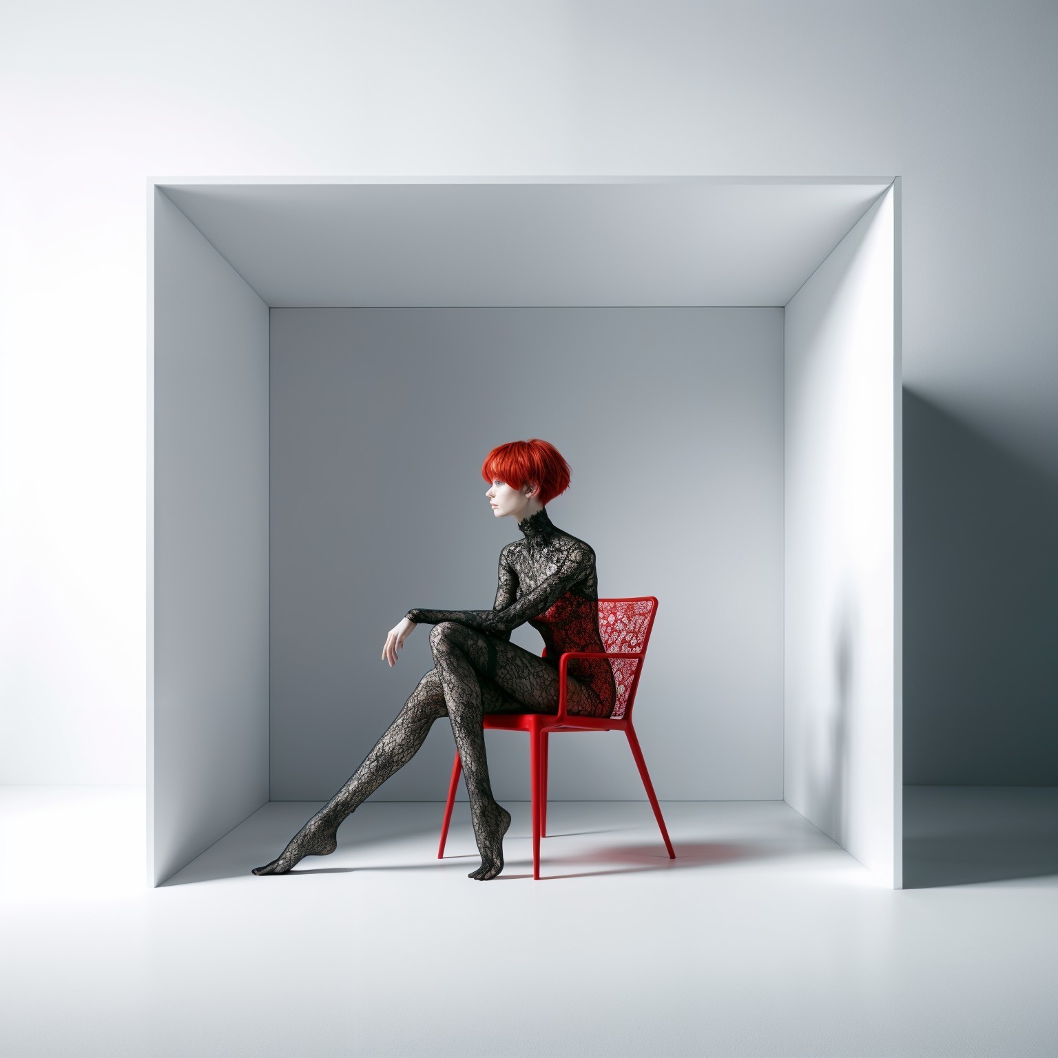Minimalist Scene with Red Hair and Black Lace Outfit