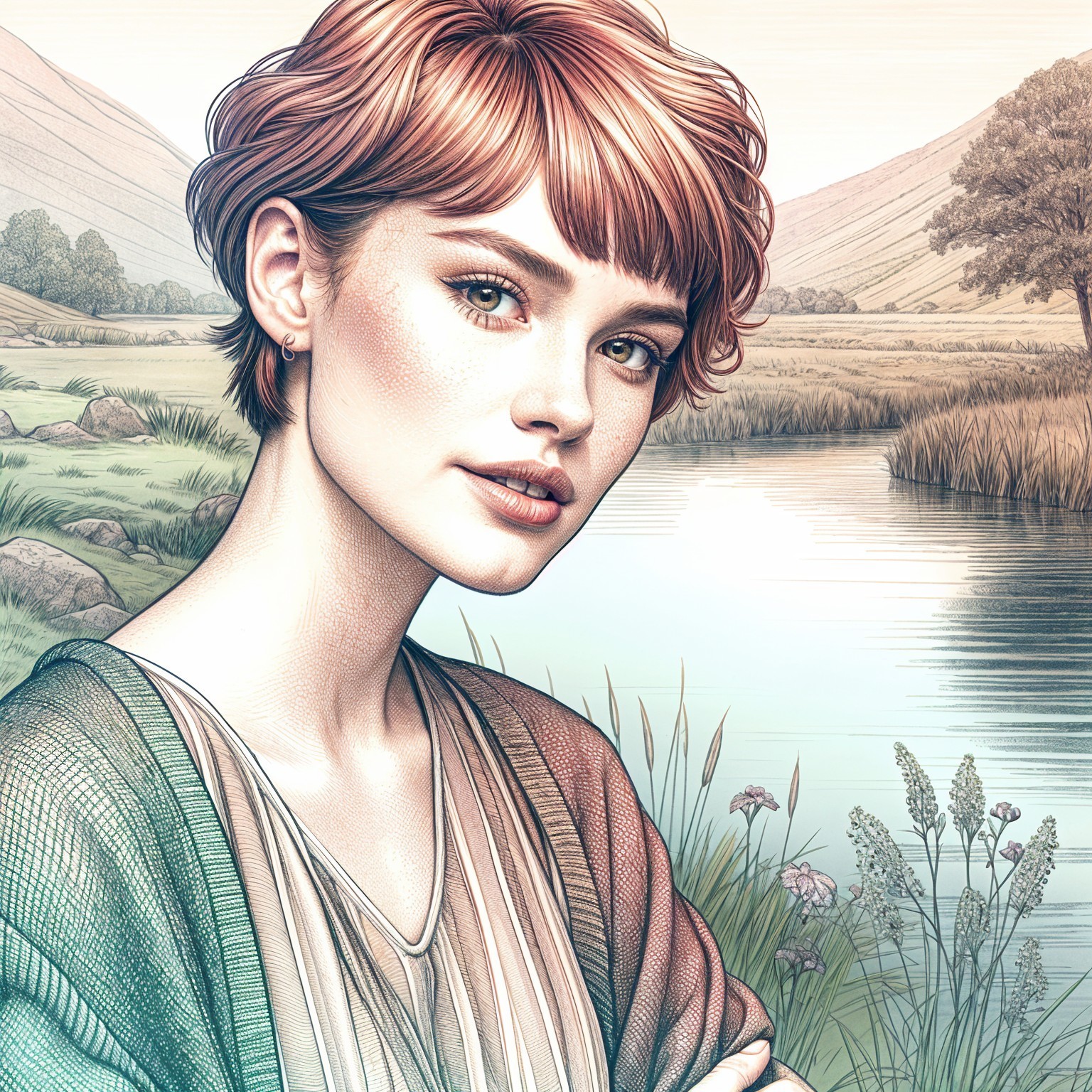 Portrait of a Young Woman in a Serene Landscape