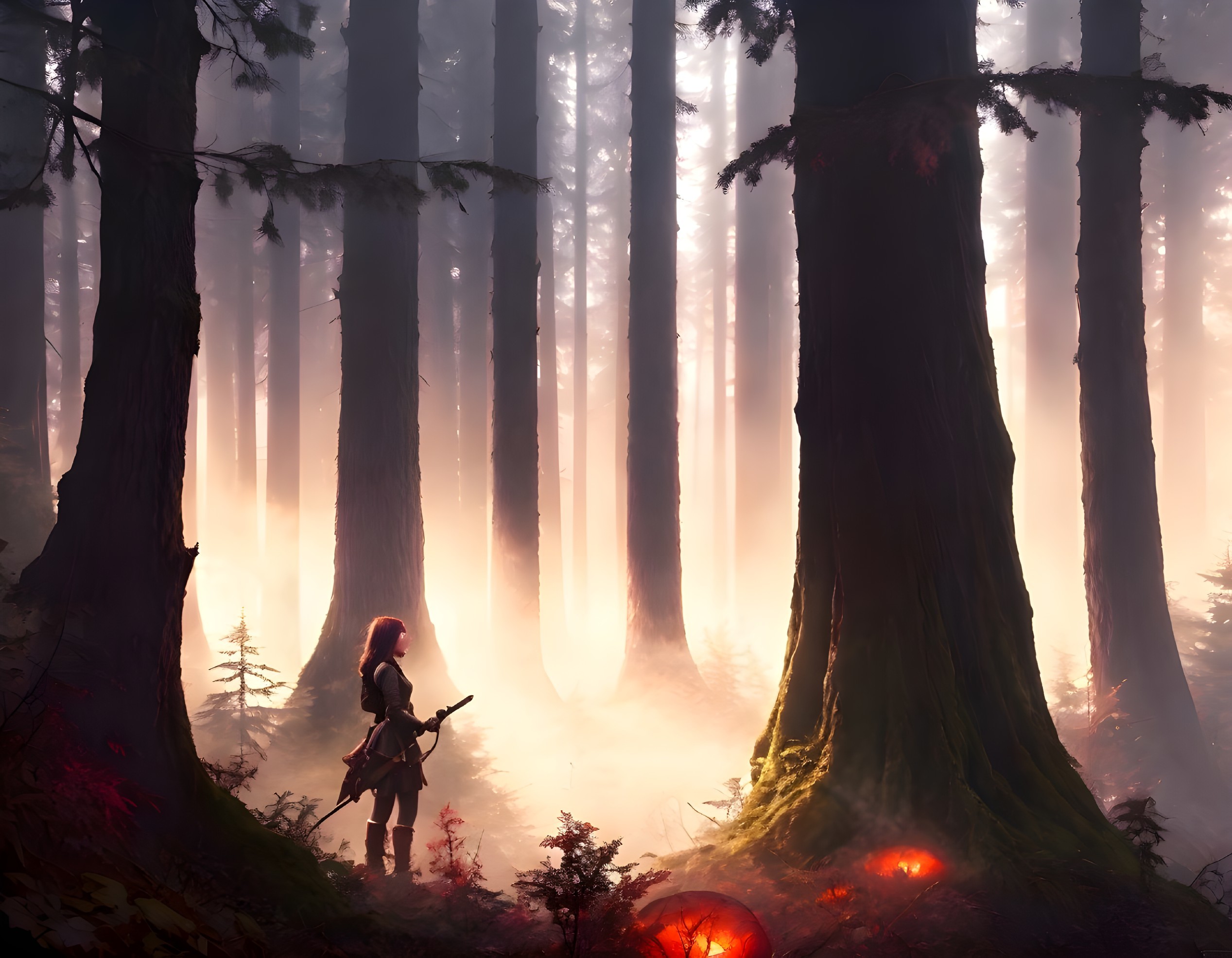 Mystical Forest with Glowing Mushrooms and Archer
