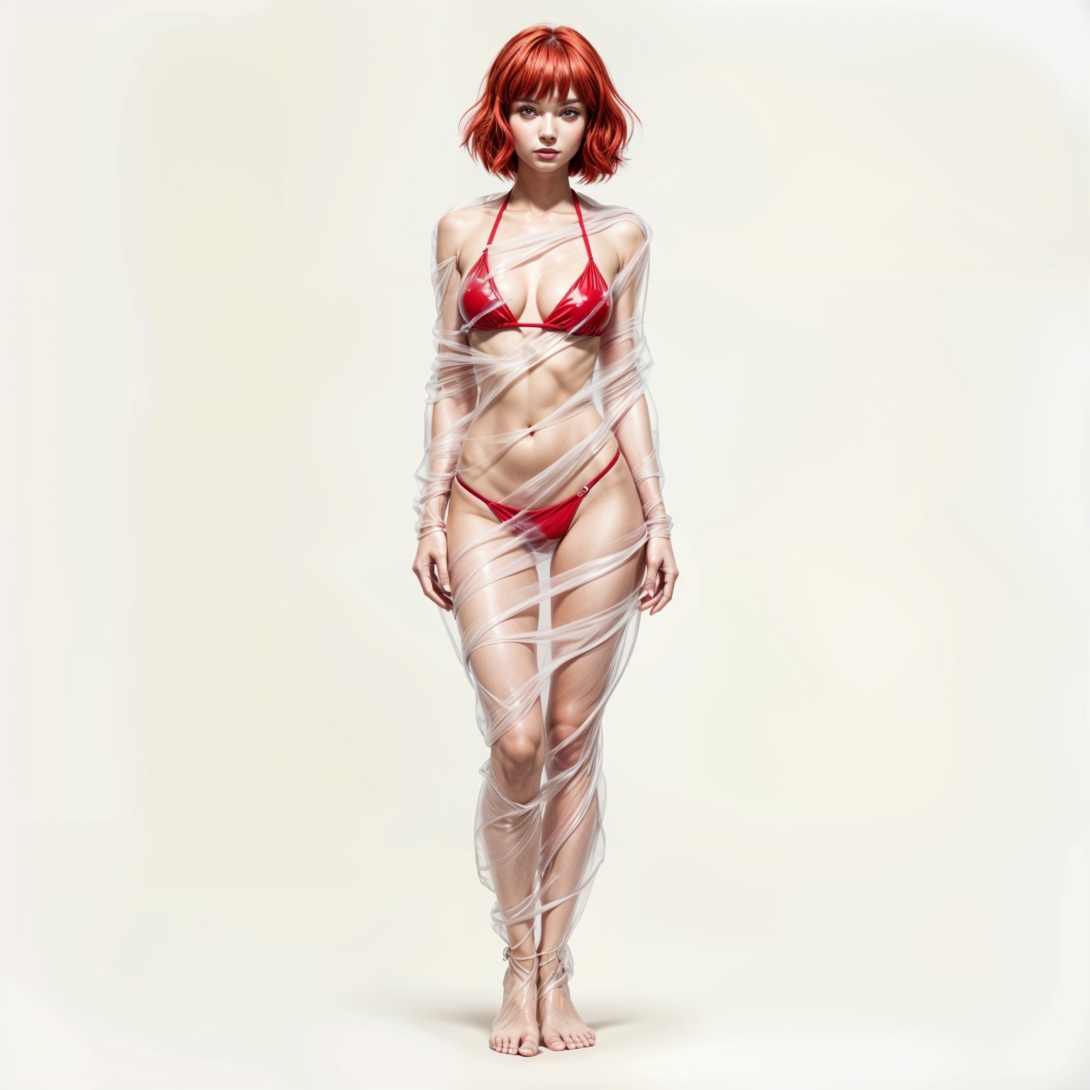 Striking Model with Red Bob Haircut and Bikini