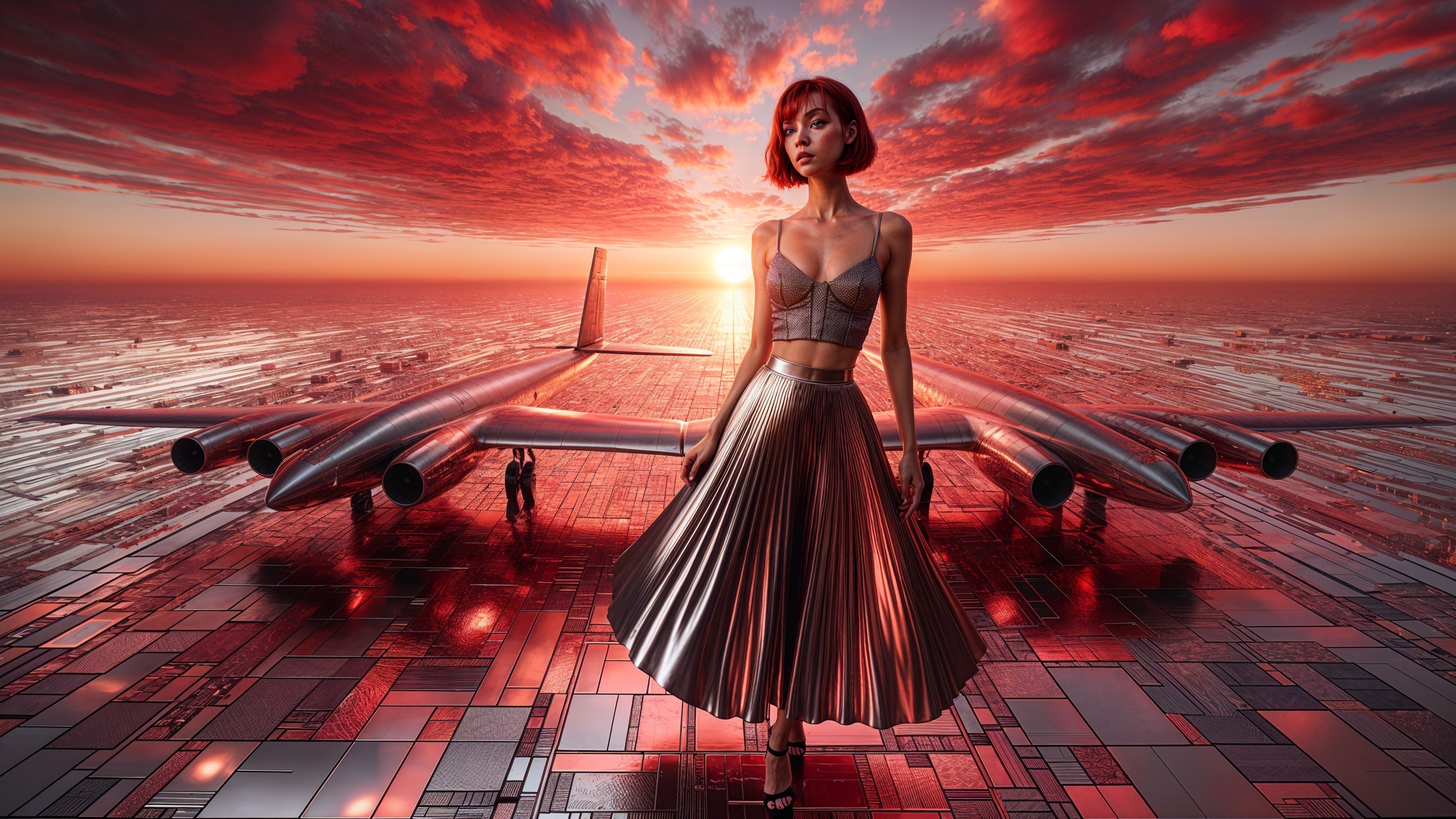 Futuristic Scene with Woman in Metallic Fashion and Aircraft