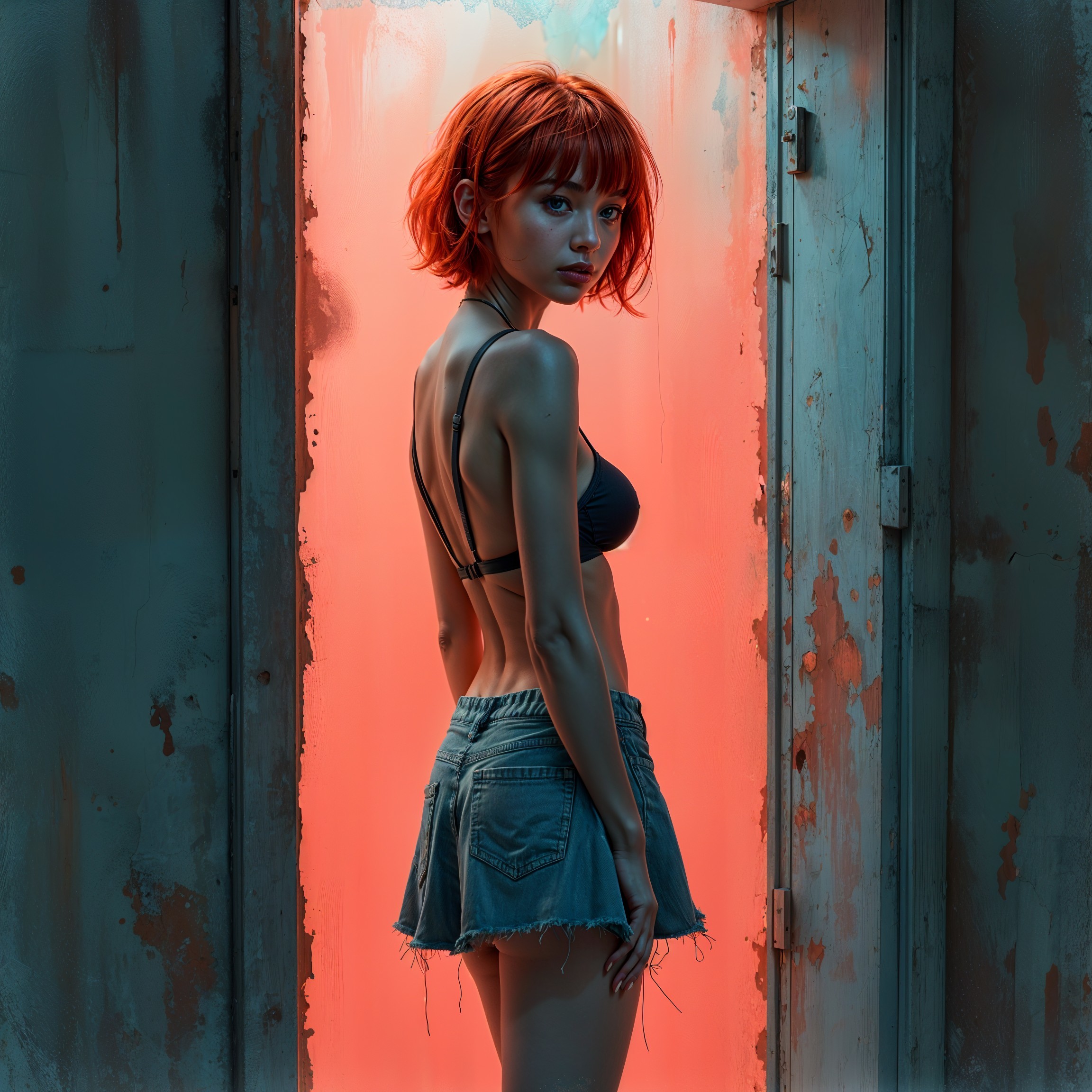 Young woman with orange hair in an industrial doorway