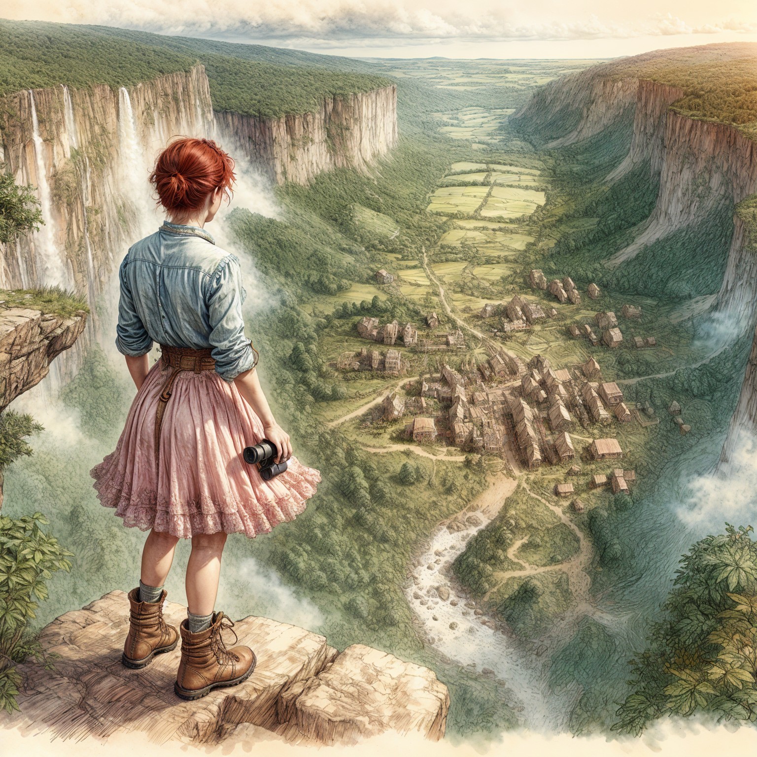 Young girl on cliff overlooking picturesque valley