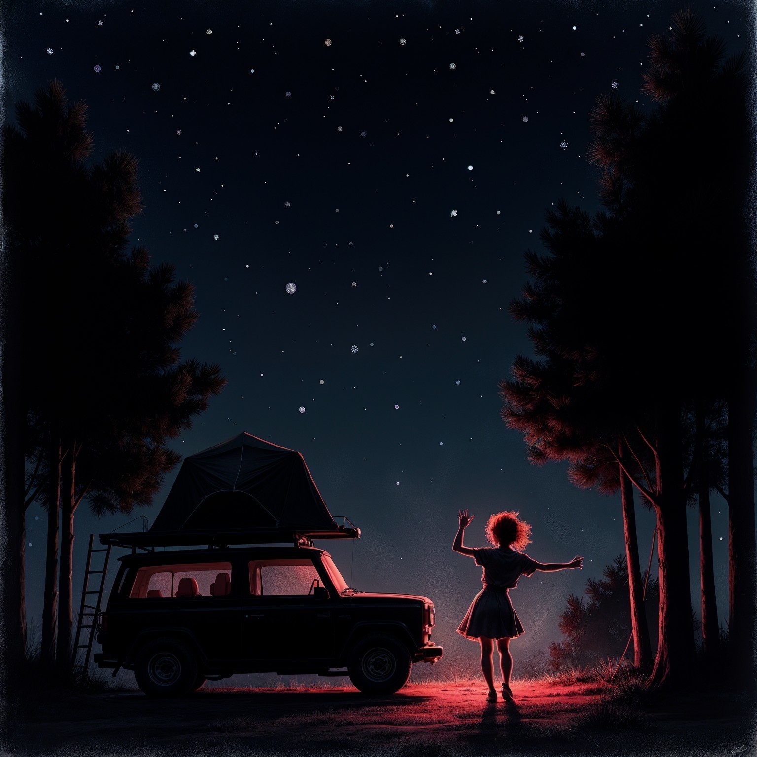 Silhouette by Old Car Under Starry Night Sky