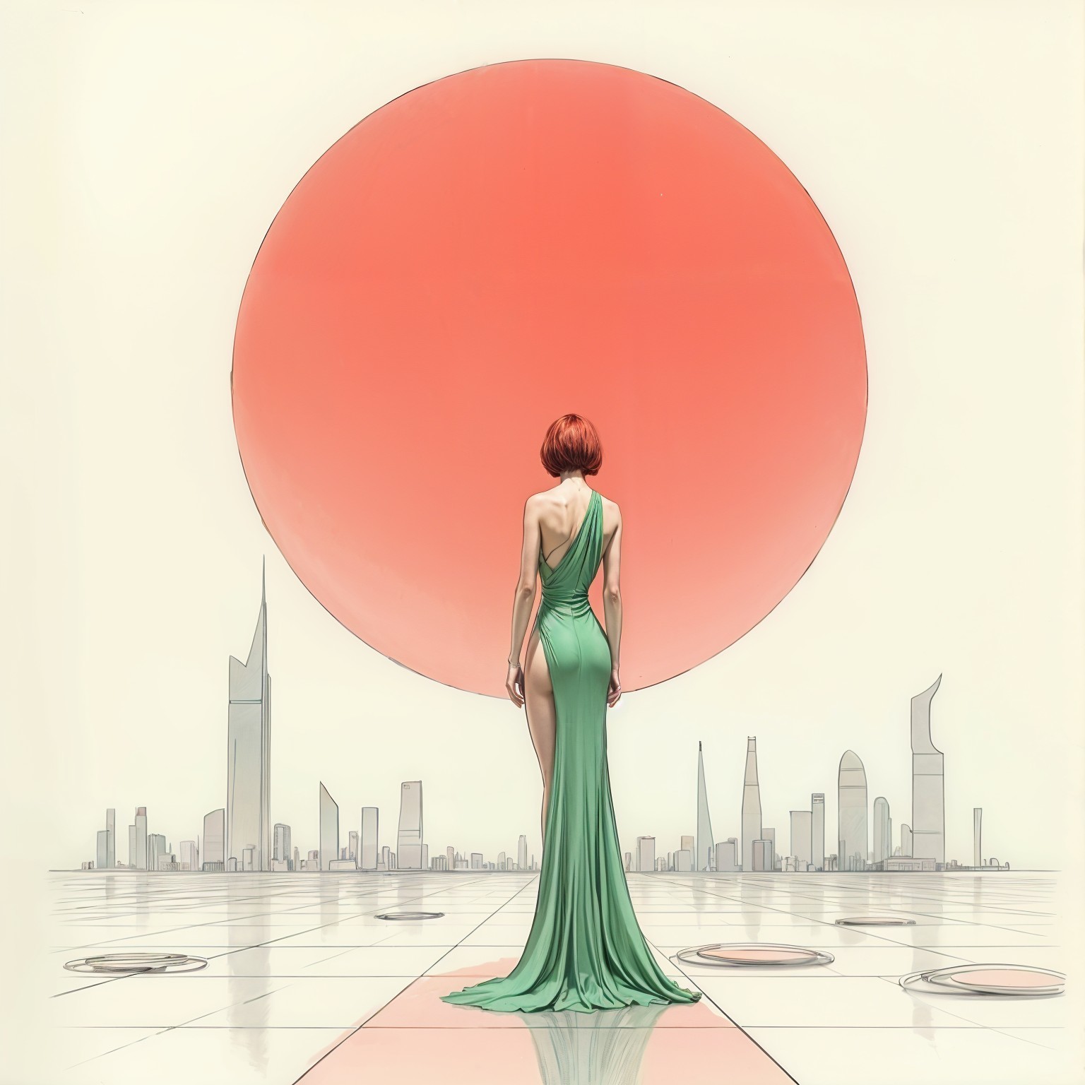 Elegant figure in green gown against red sun and skyline