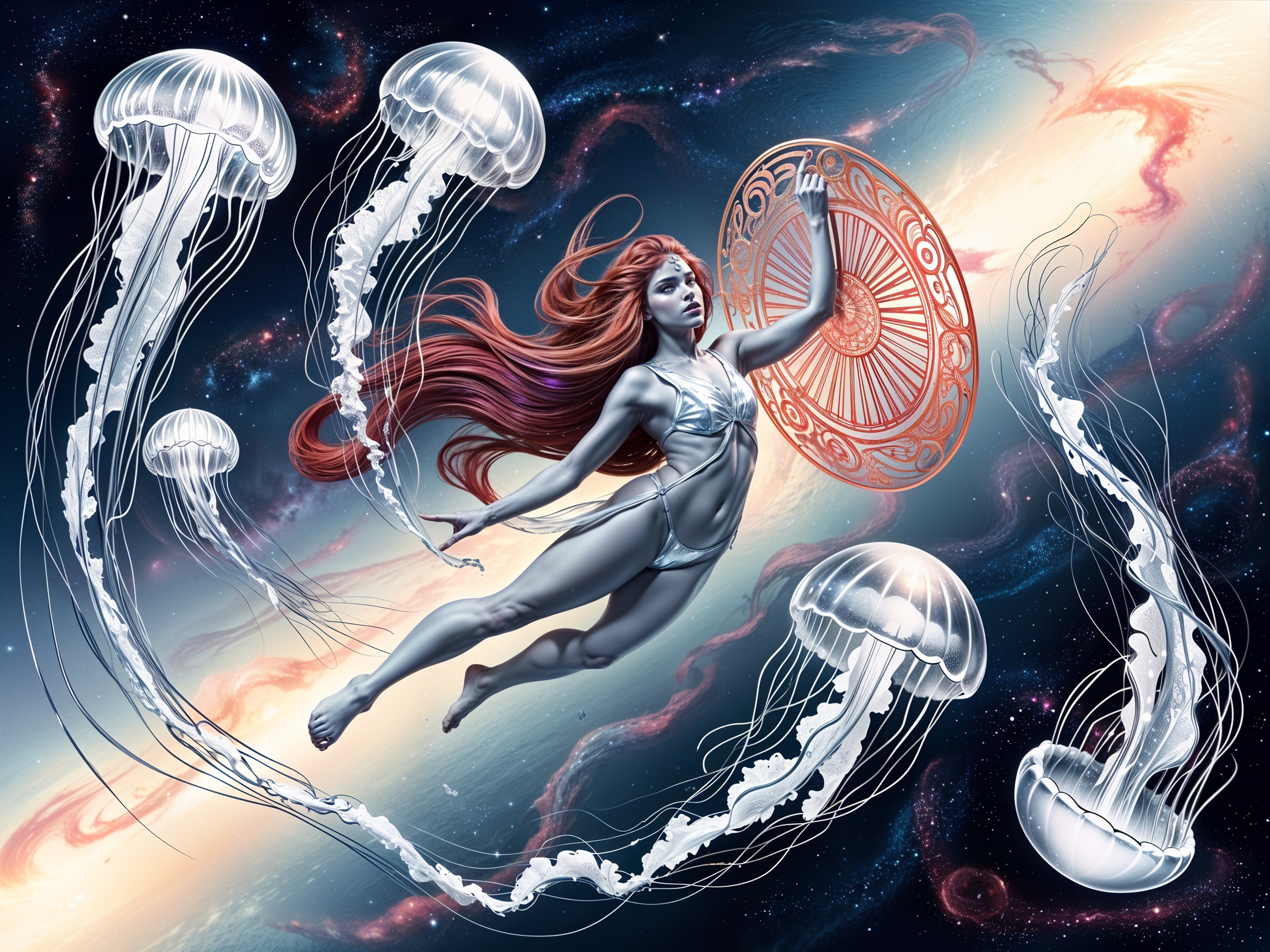 Cosmic Swim with Red Hair and Ethereal Jellyfish