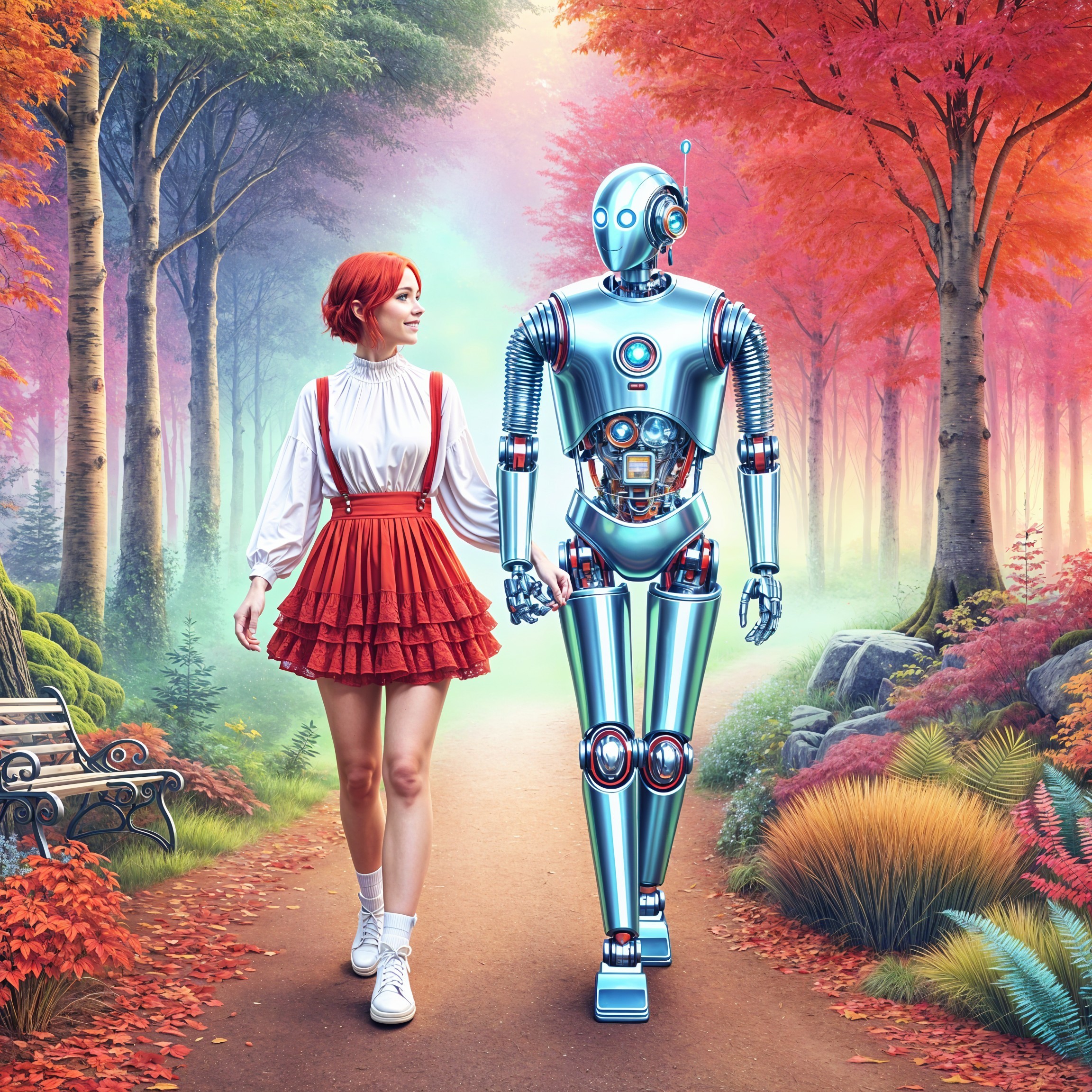 Autumn Forest Scene with Woman and Futuristic Robot