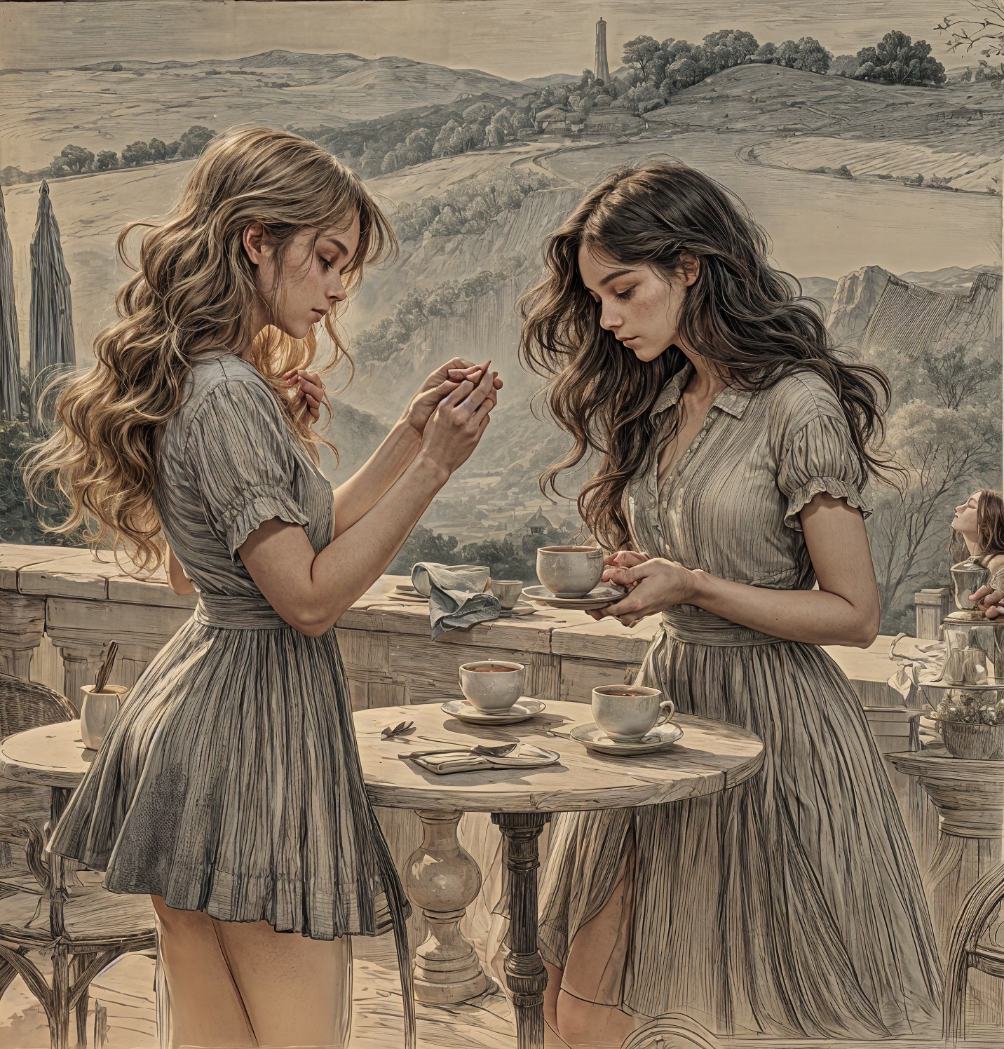 Young women in flowy dresses at outdoor table

