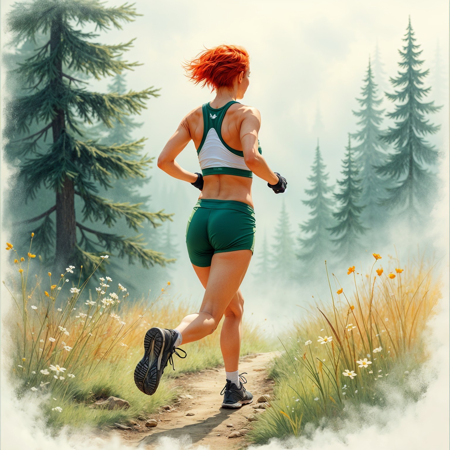 Woman Jogging in Lush Forest with Red Hair