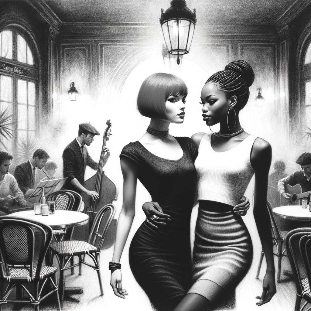 Elegant Women Embrace in Stylish Café Setting