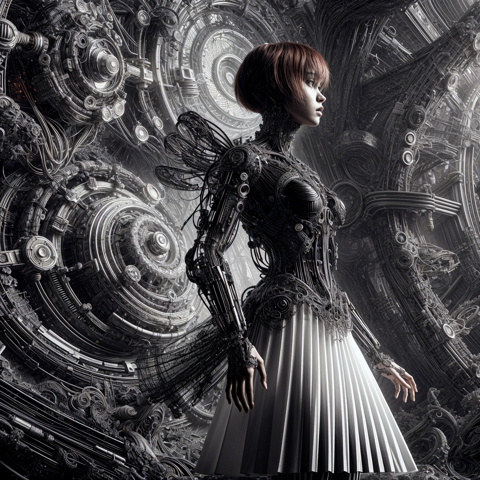 Futuristic Robotic Figure Amid Mechanical Structures