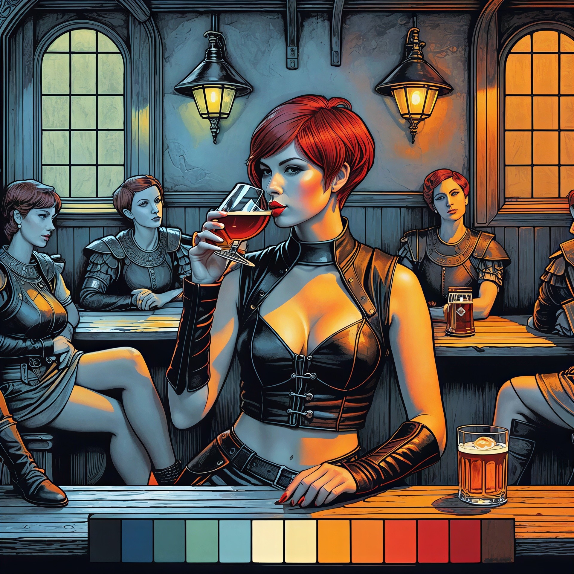 Red-haired female warriors in black leather armor in tavern