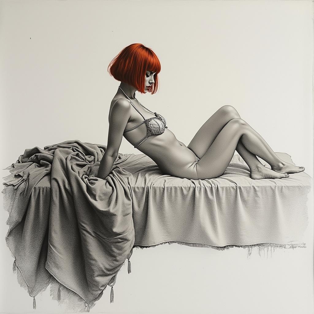 Stylized Figure of a Woman with Vibrant Red Hair