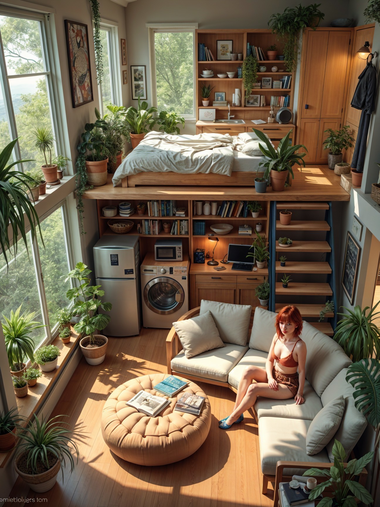 Cozy Sunlit Room with Lofted Bed and Greenery