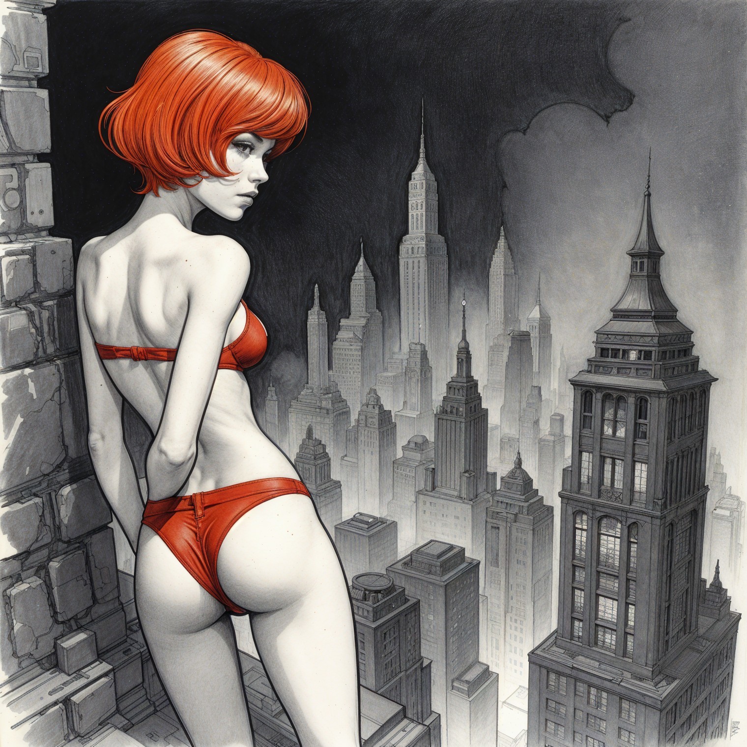 Lone Woman in Red Bikini Overlooking Cityscape