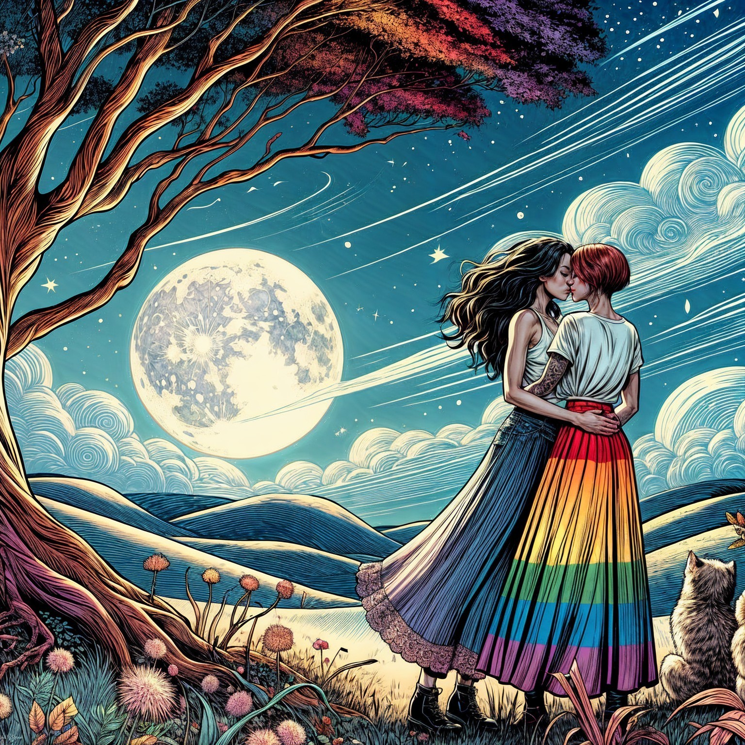 Dreamy Landscape with Embrace Under Full Moon