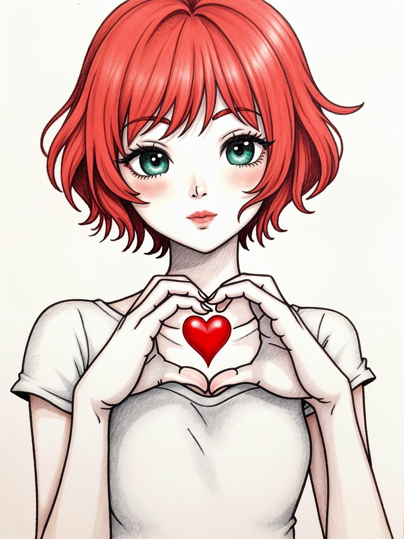 Young woman with red hair and green eyes forming heart