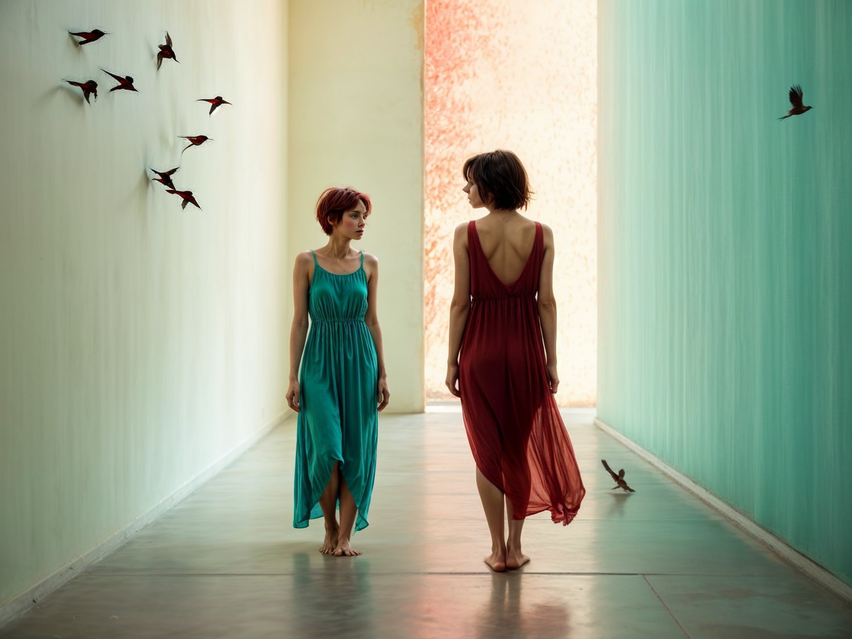 Women in contrasting dresses in a serene corridor
