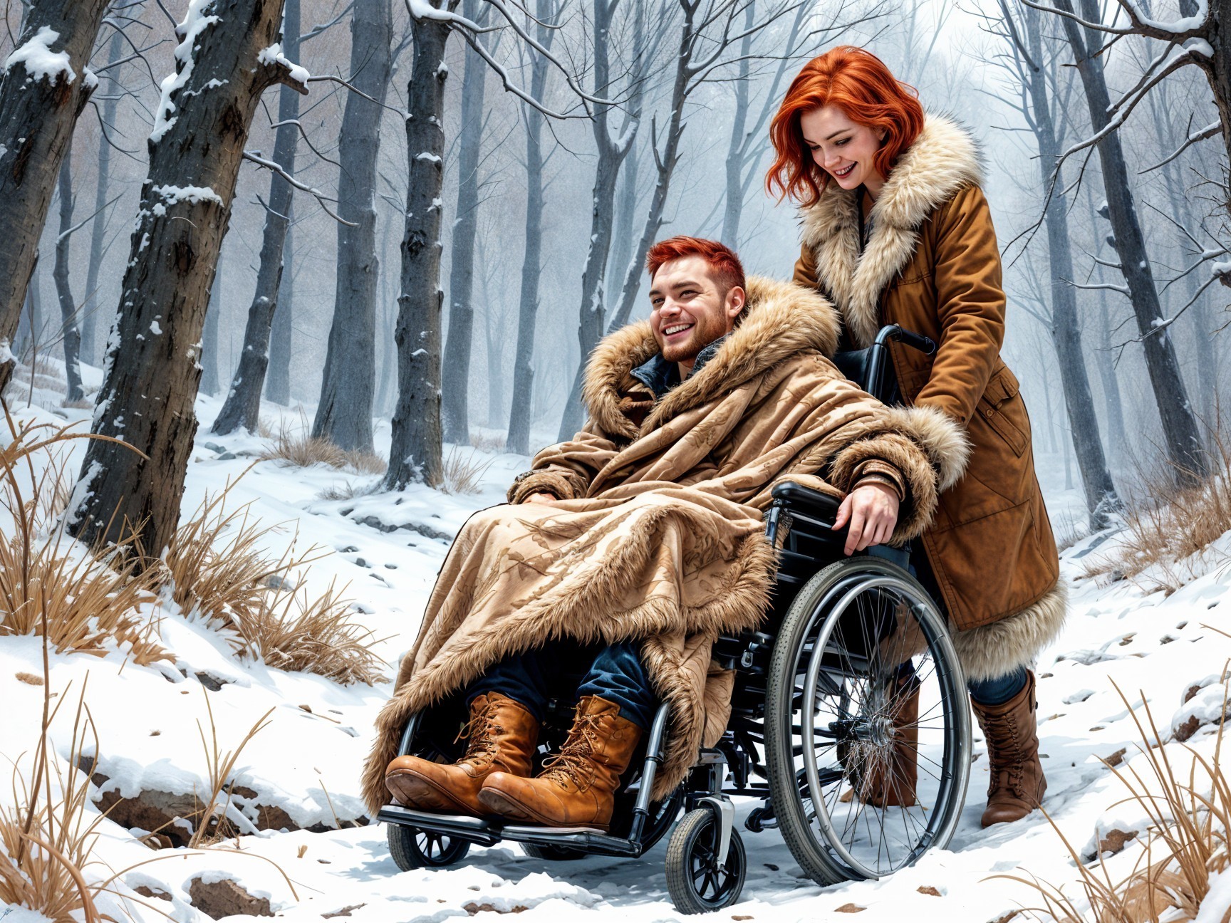 Winter Forest Scene with Smiling Man in Wheelchair