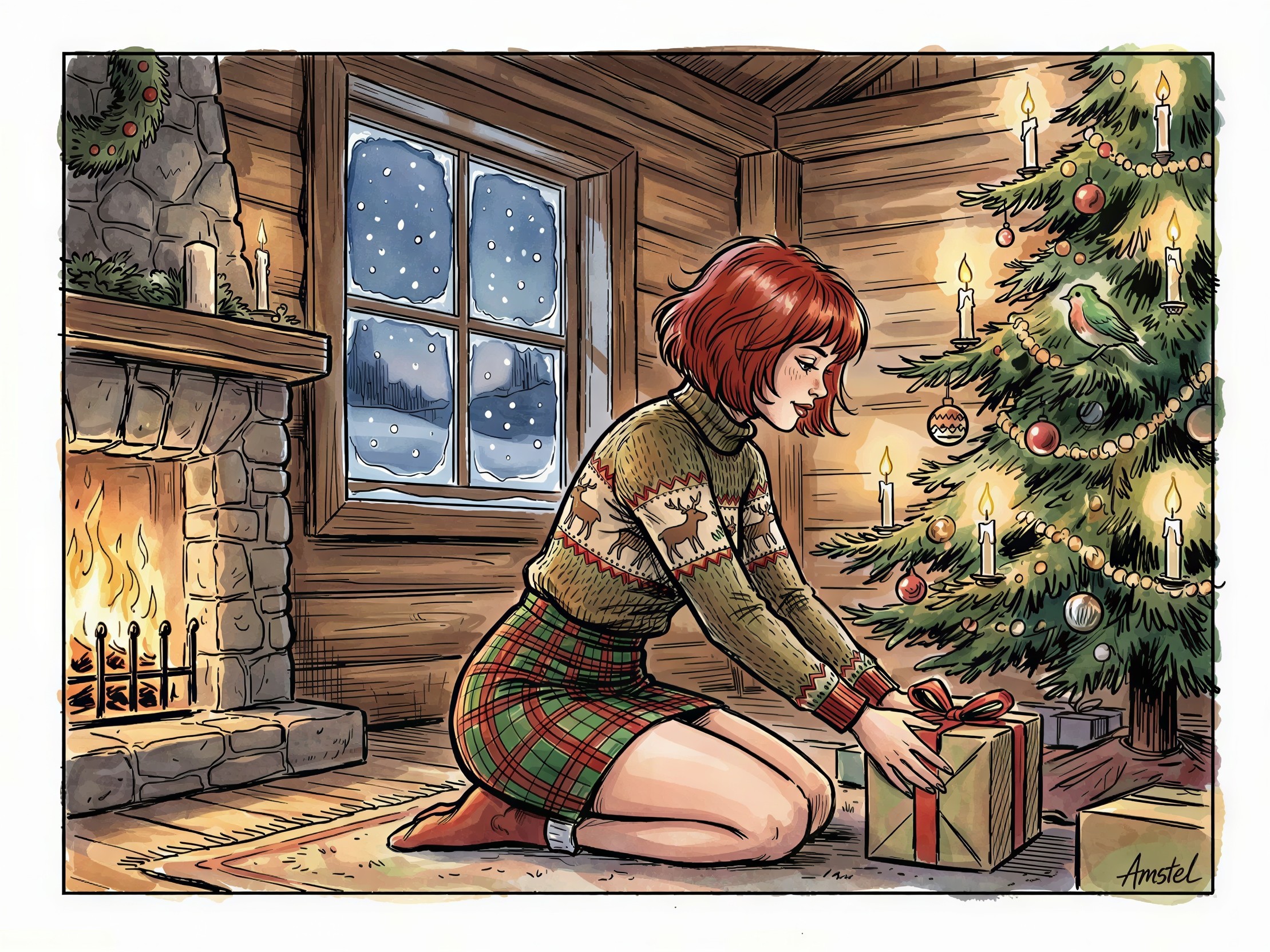 Cartoon of Woman Placing Gifts by Christmas Tree