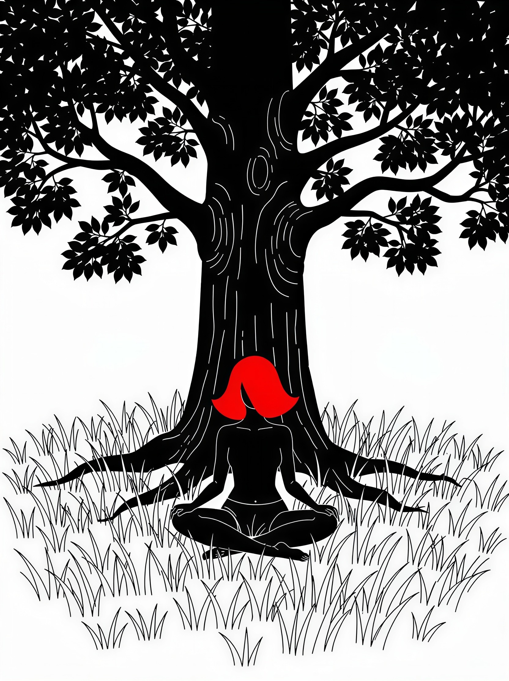 Silhouette of a Meditating Woman Under a Dark Tree