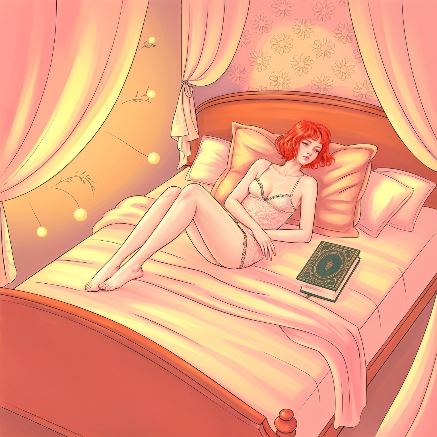 Woman with Red Hair in Cozy Bedroom Setting