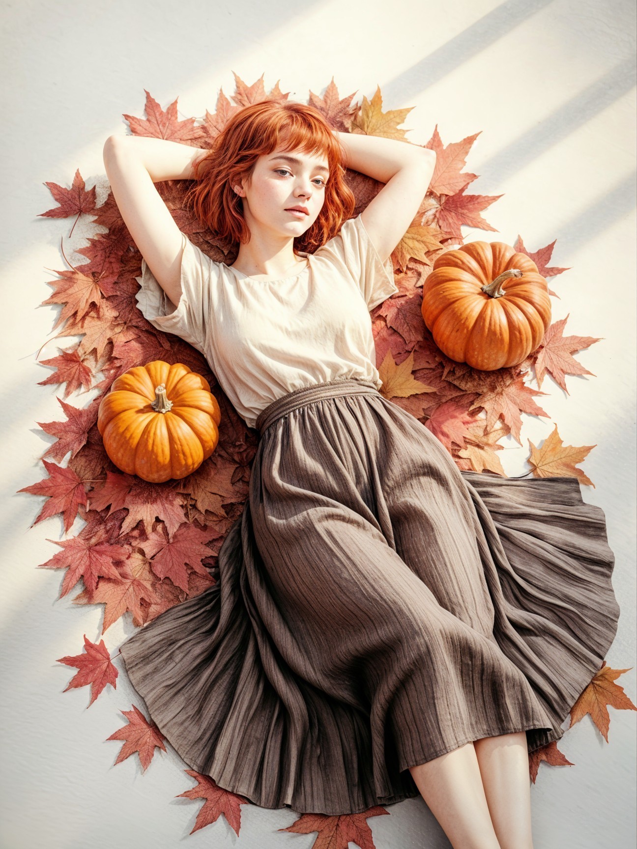 Young Woman Amidst Colorful Autumn Leaves and Pumpkins