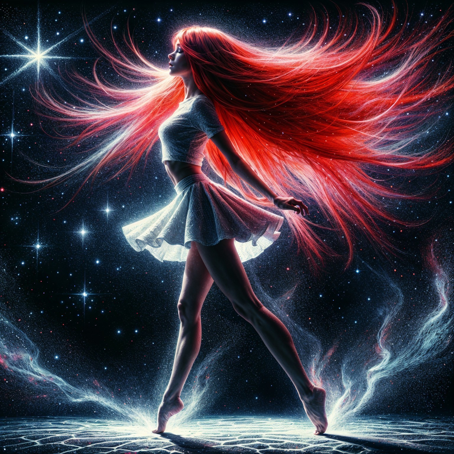 Woman with Red Hair in Cosmic Dreamlike Scene