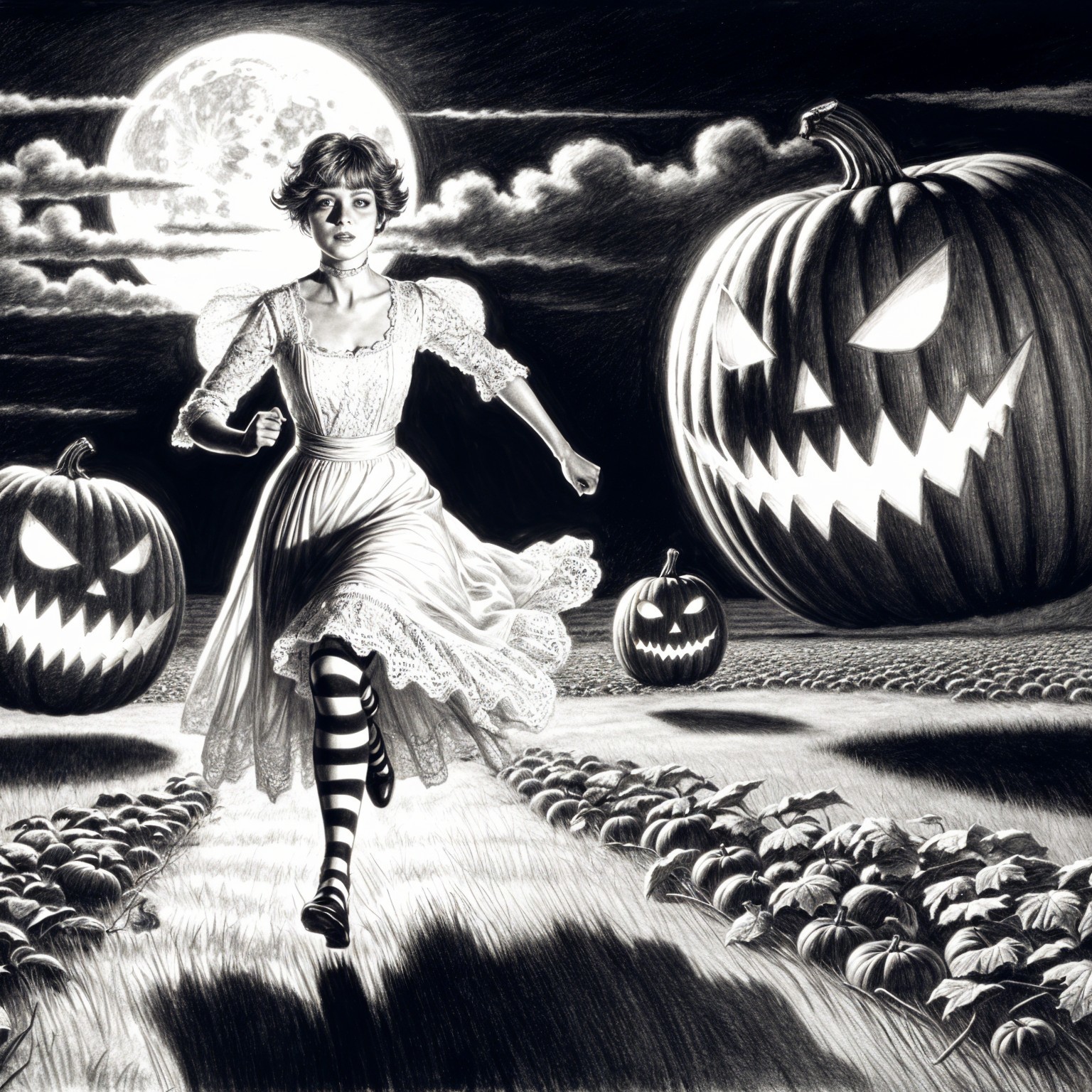 Young Woman in Vintage Dress in Pumpkin Field at Night