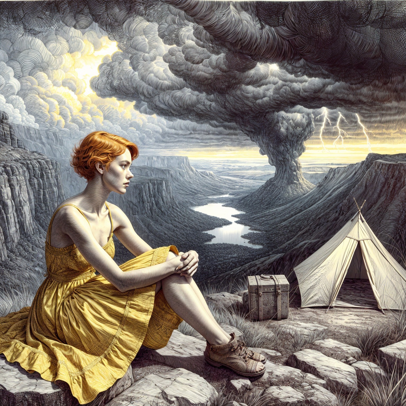 Young Woman in Yellow Dress on Rocky Outcrop Landscape