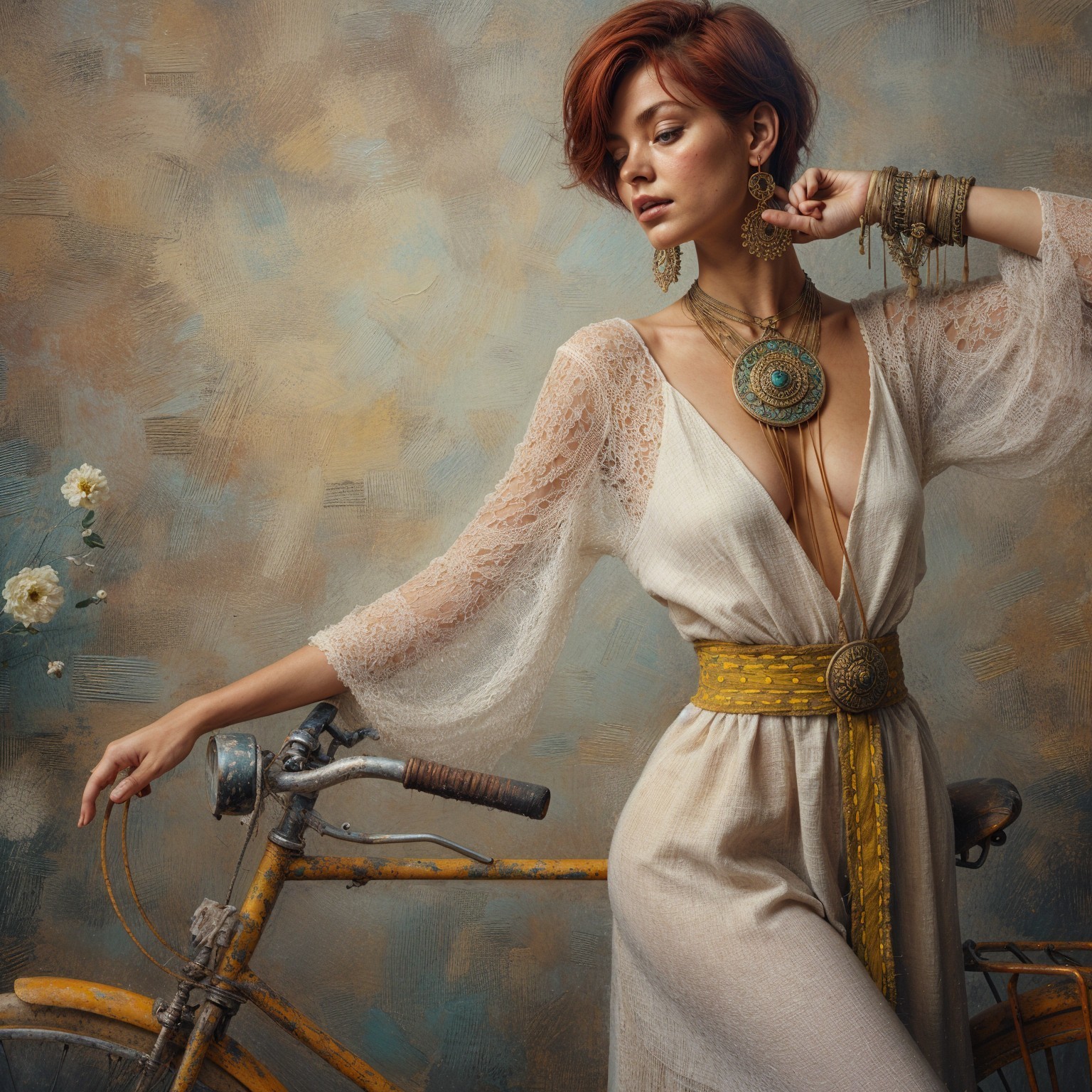 Elegant woman in cream dress beside vintage bicycle