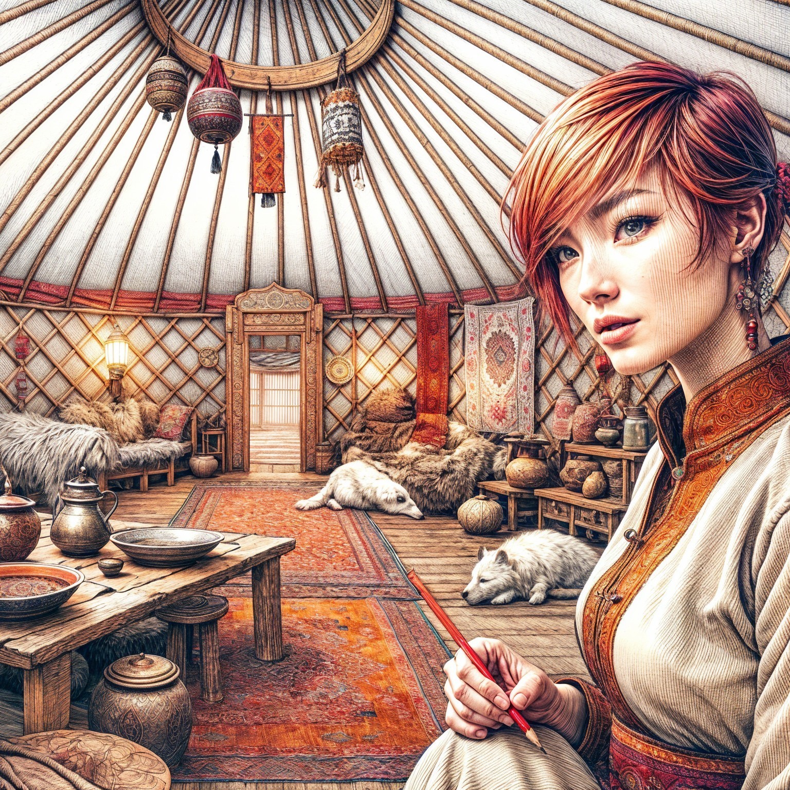 Cozy Yurt Interior with Traditional Decor and Animals