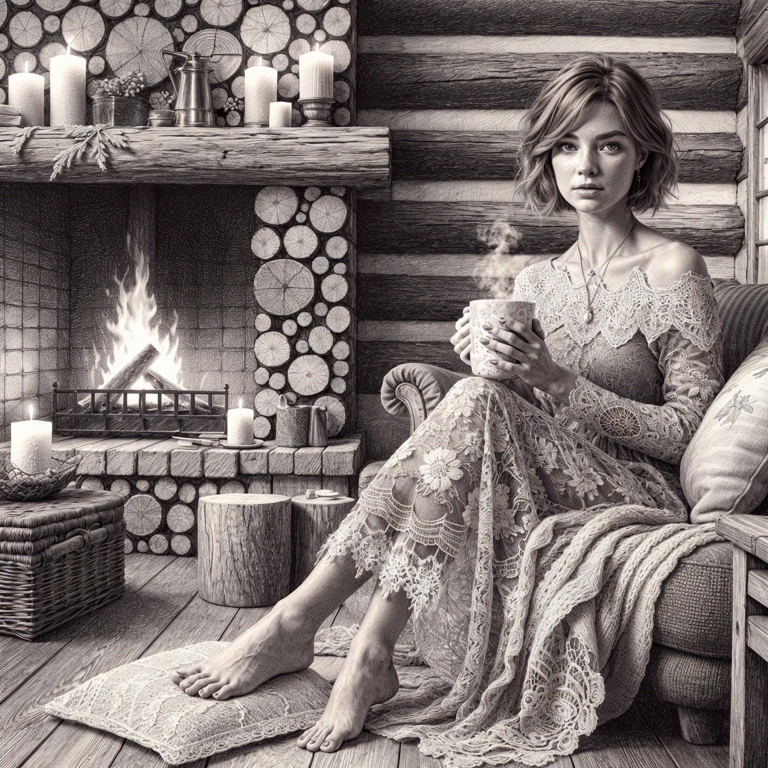 Woman in lace dress in cozy log cabin setting