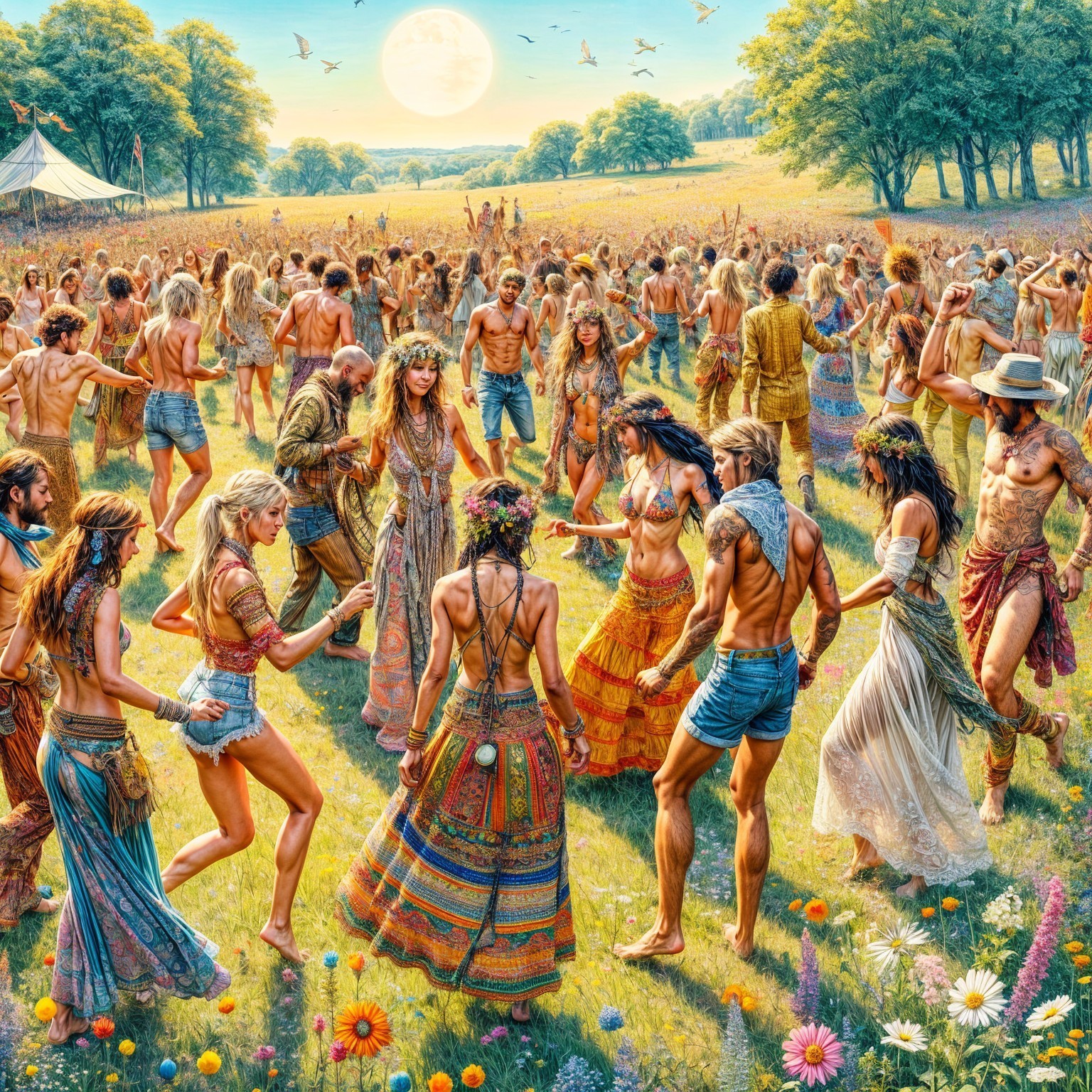 Lively Gathering in a Sunlit Flower Meadow