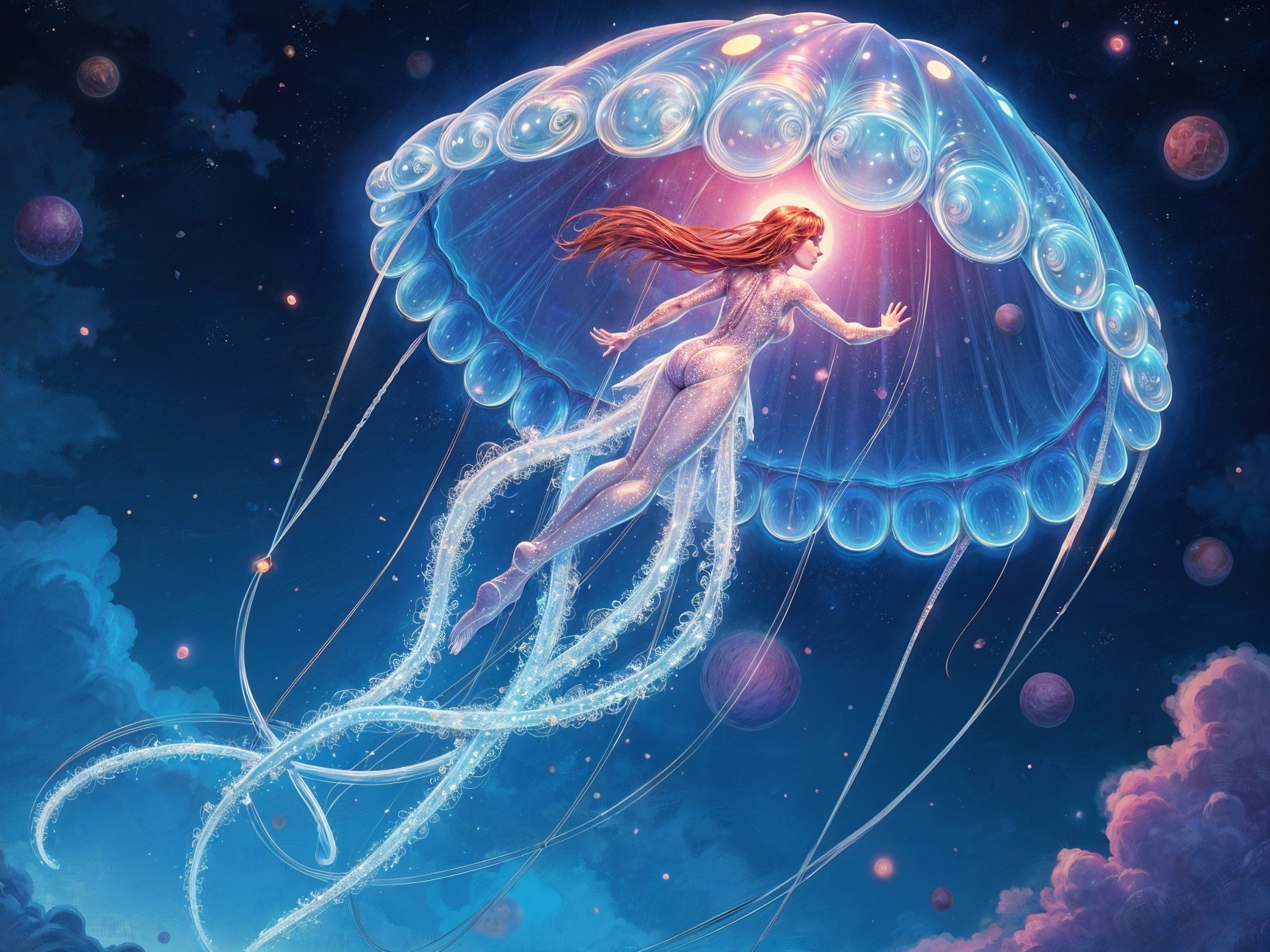 Translucent Jellyfish in Cosmic Surreal Scene
