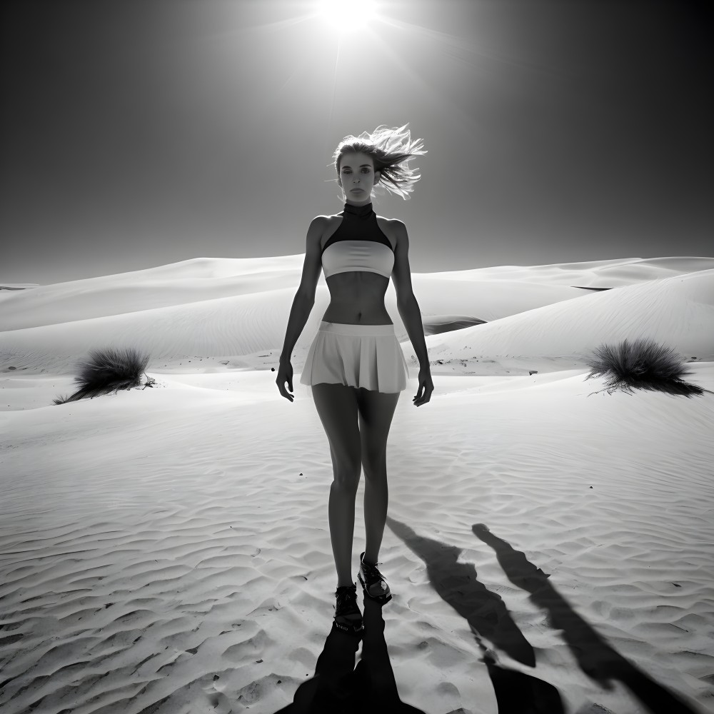 Lone Figure Walking Through Black and White Sand Dunes