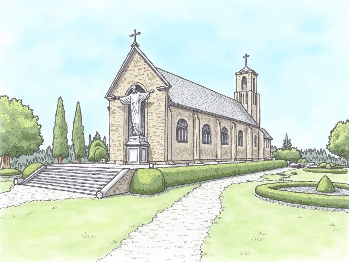 Serene Church with Bell Tower and Stained Glass Windows