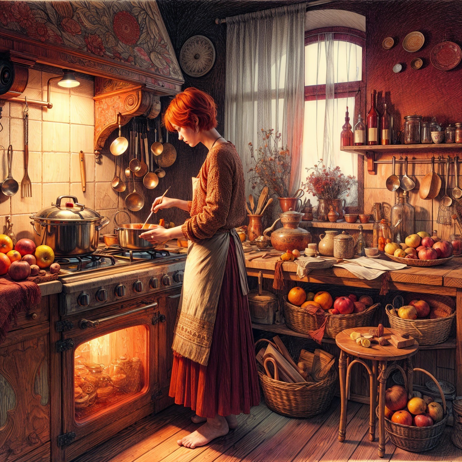 Cozy Autumn Kitchen with Woman Stirring a Pot