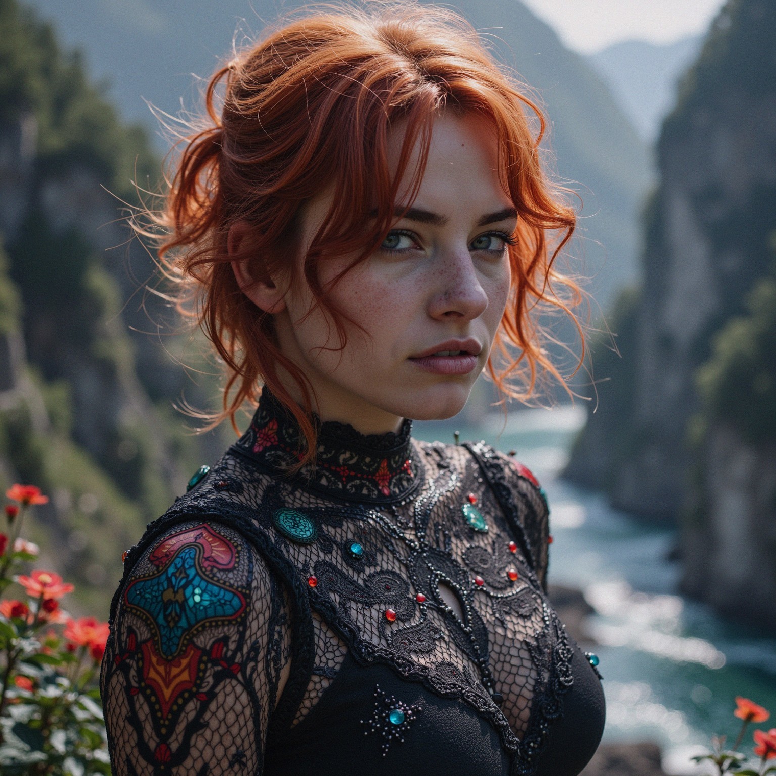 Woman with red hair by a serene river and mountains