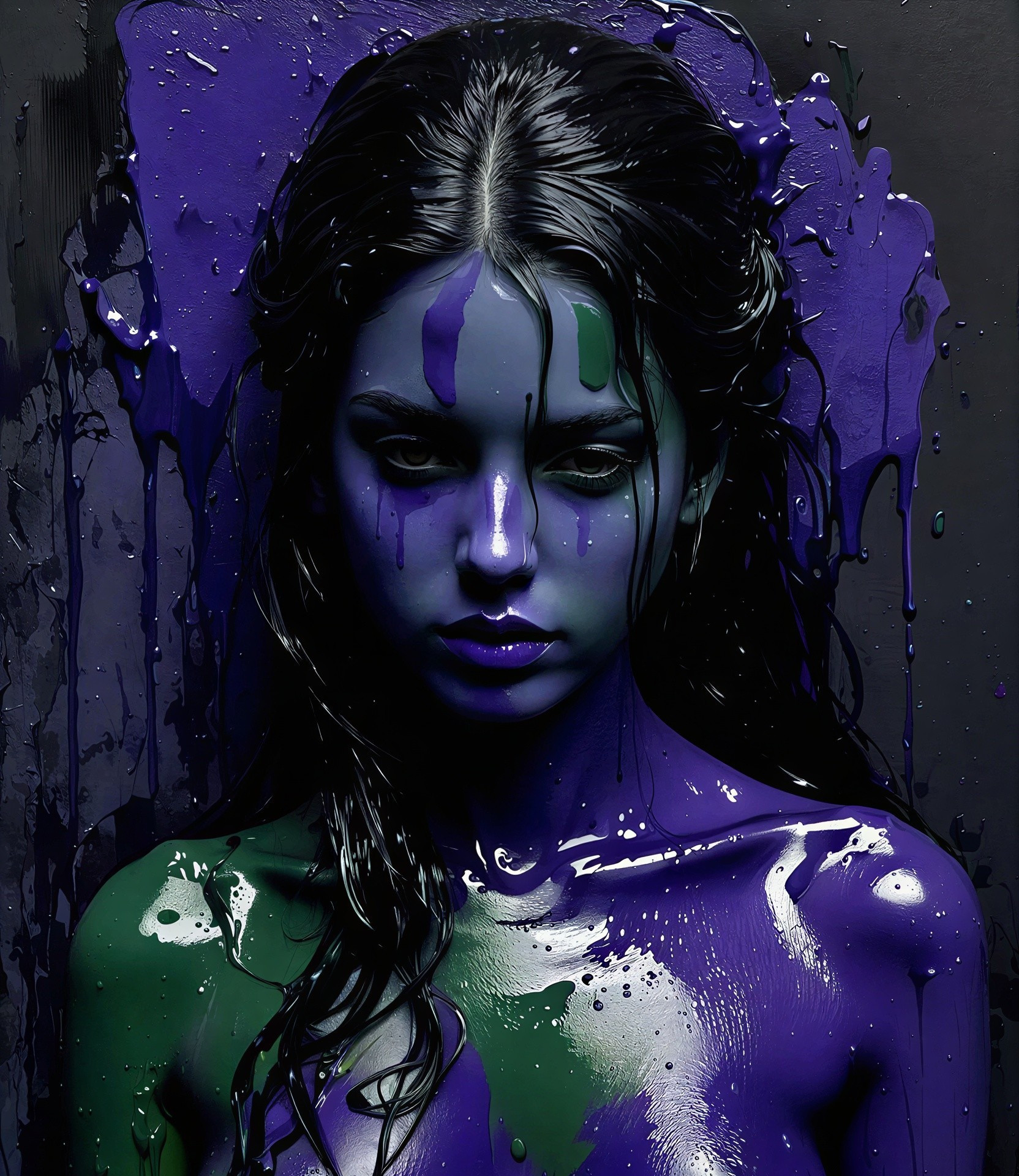 Dark-haired woman covered in purple and green paint