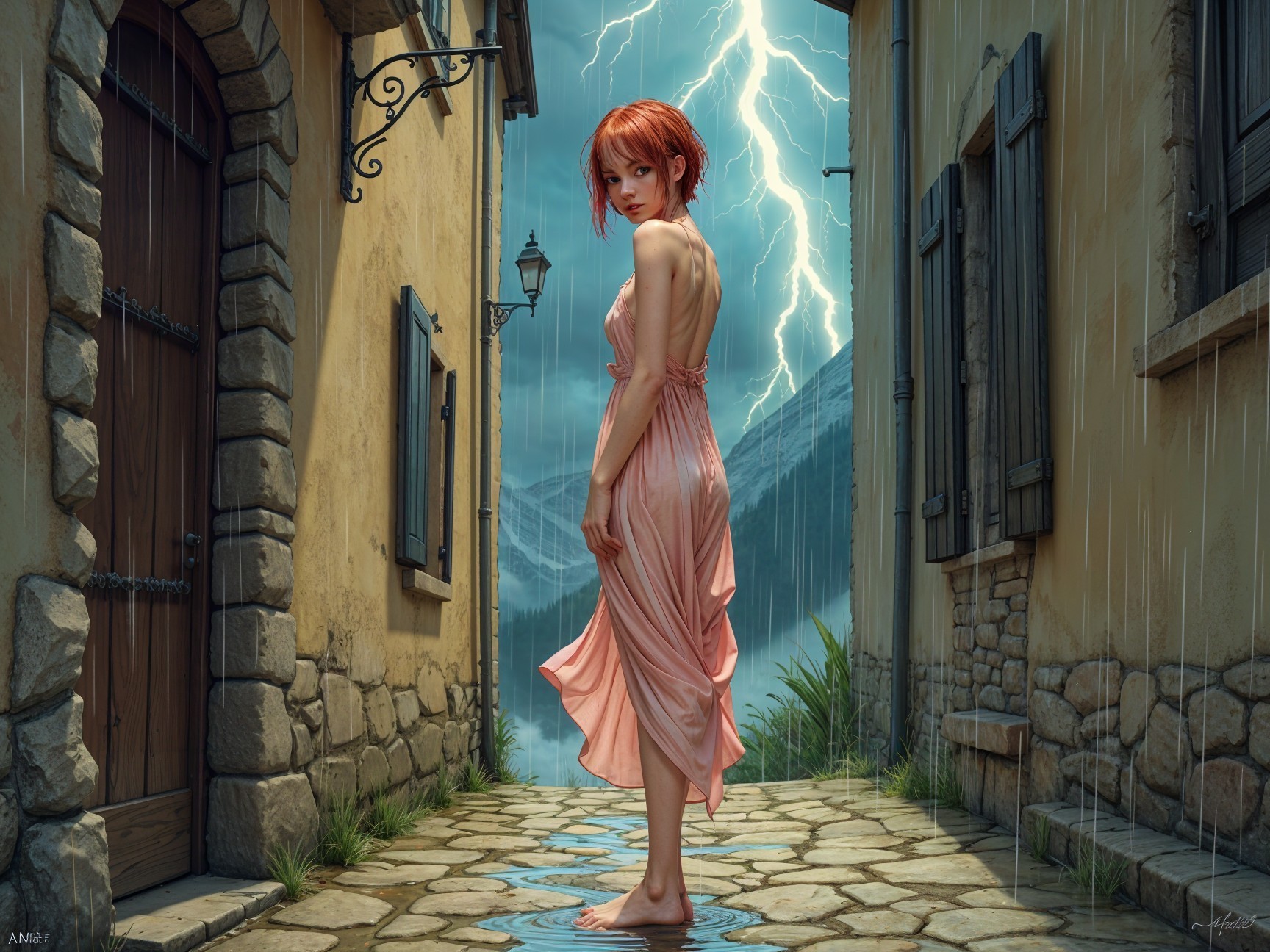 Young Woman in Pink Dress in Rainy Alleyway