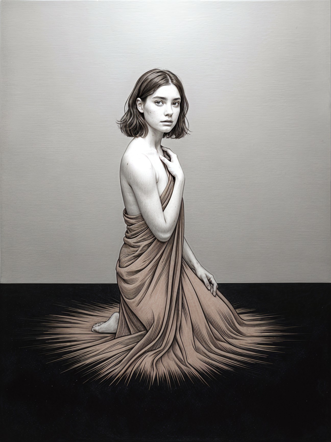 Young woman in contemplative pose with flowing fabric